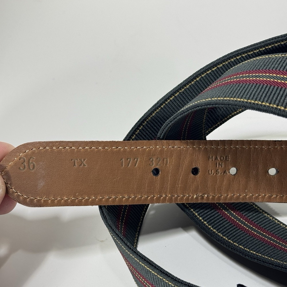 Trafalgar Green Striped Canvas Belt with Leather Tabs USA Mens 36 Brass Buckle - Picture 4 of 9